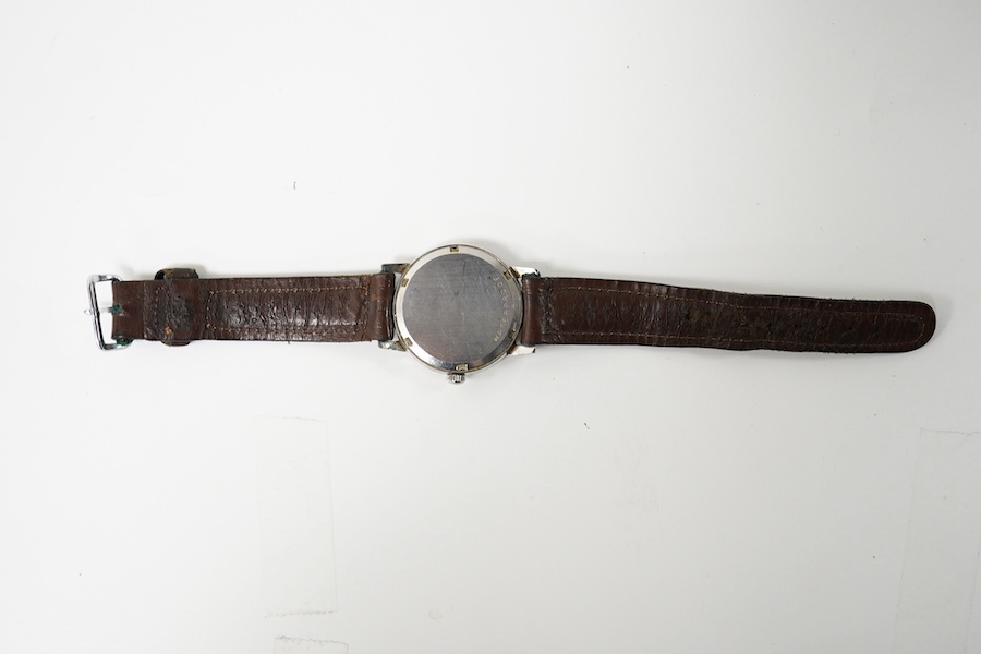 A gentleman's early 1970's stainless steel Omega manual wind wrist watch, on an associated leather strap, case diameter 35mm. Condition - poor to fair